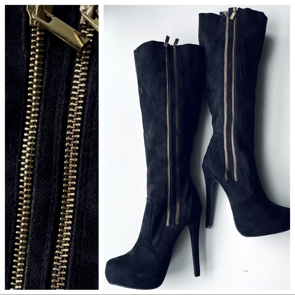 Brand new double zipper knee-high boots with stiletto heel in black faux suede
